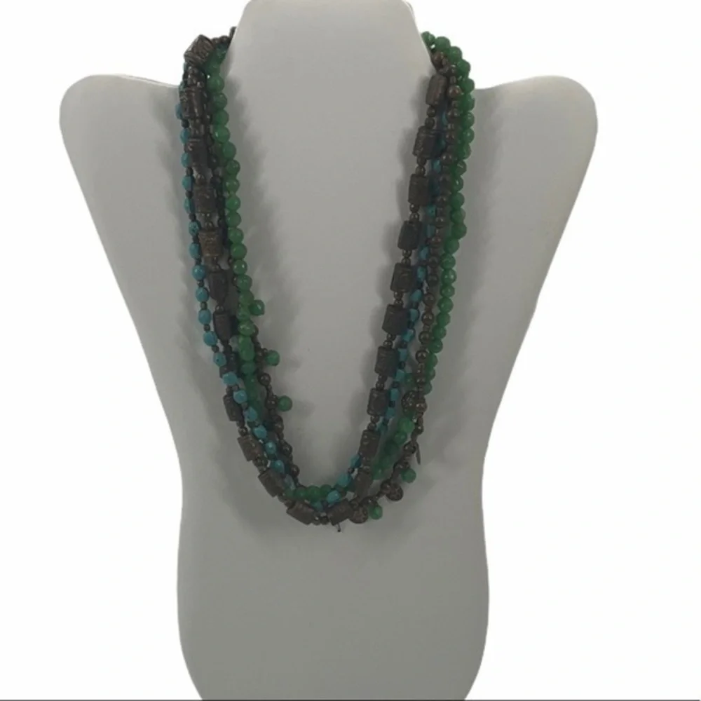 Bronze, green, blue 4 layer necklace